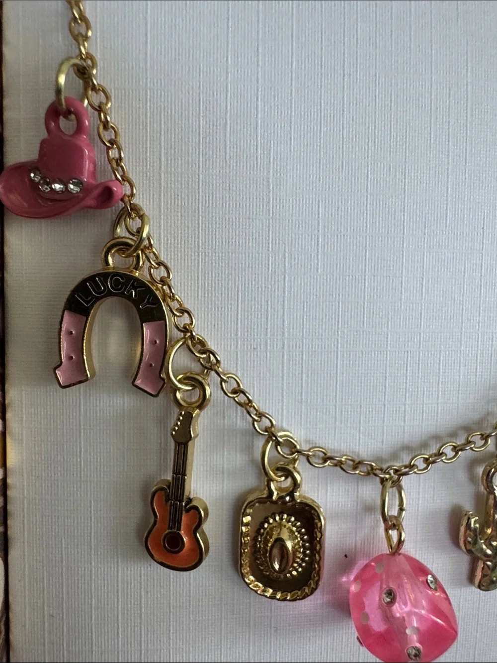 Gold-Tone Western Charm Necklace with Pink & Multicolor Accents